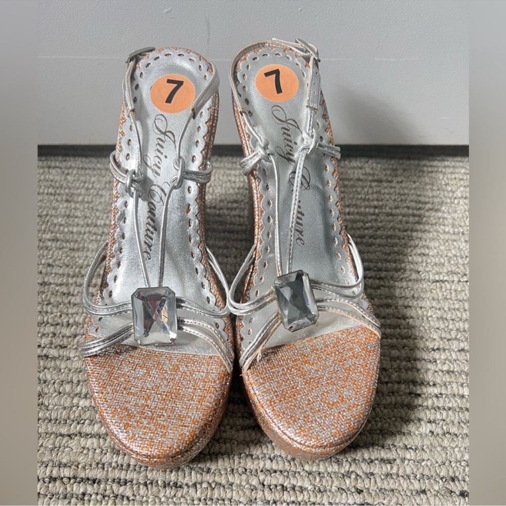 Y2K Juicy Couture Silver and Tan wedge rhinestone Sandals 7